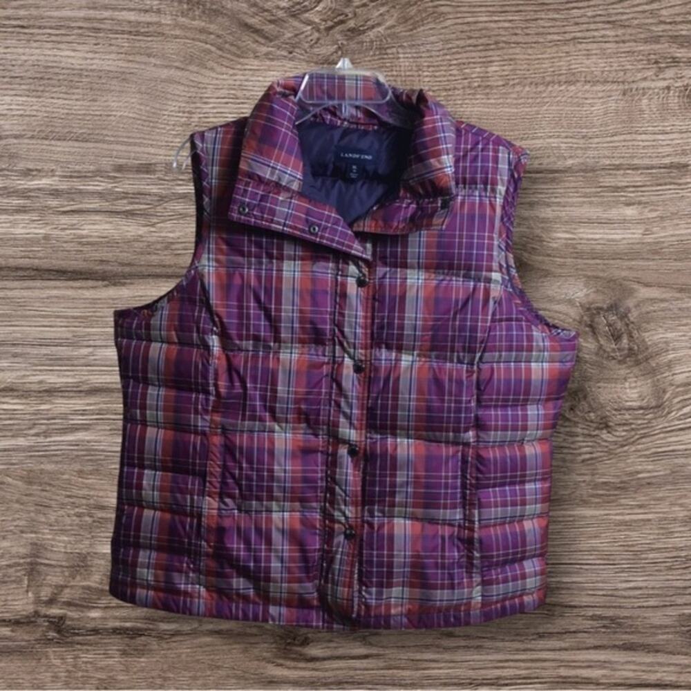 Lands End XL 18 purple plaid goose down vest